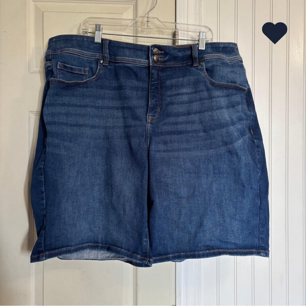 Lane Bryant High Rise Tighter Tummy Bermuda Denim Dark Blue Jean Shorts